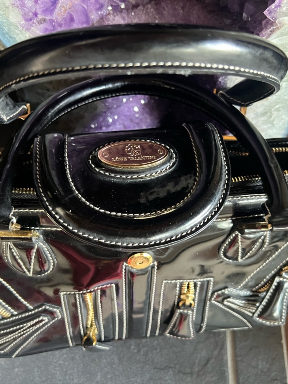 Black Patent Women's Satchel Bag with Gold Hardware - Picture 6 of 15
